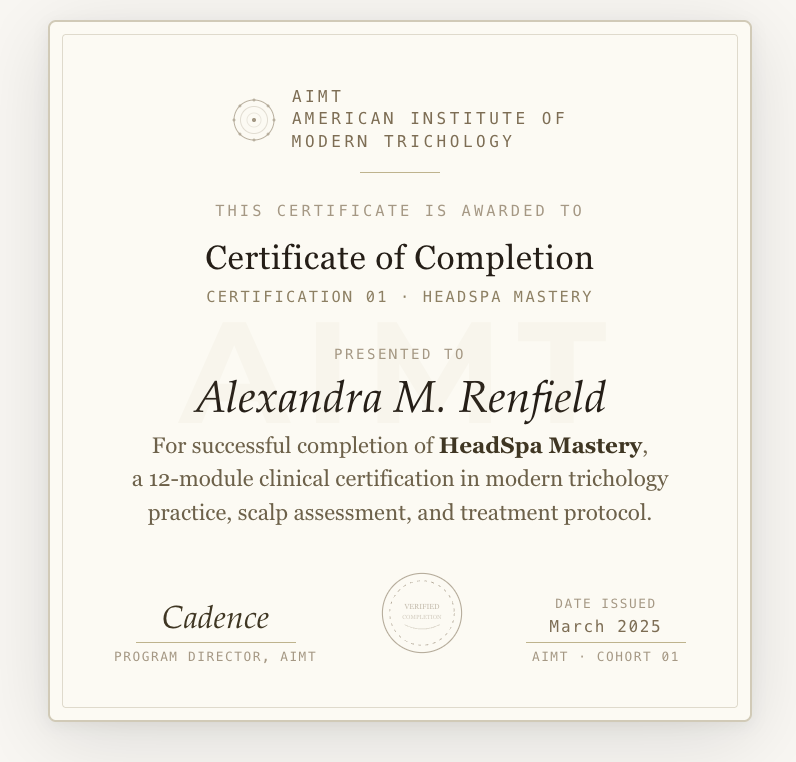 AIMT HeadSpa Mastery certificate preview